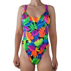 Vintage 80s Maillot Baltex Neon Hawaiian Floral One Piece Swimsuit